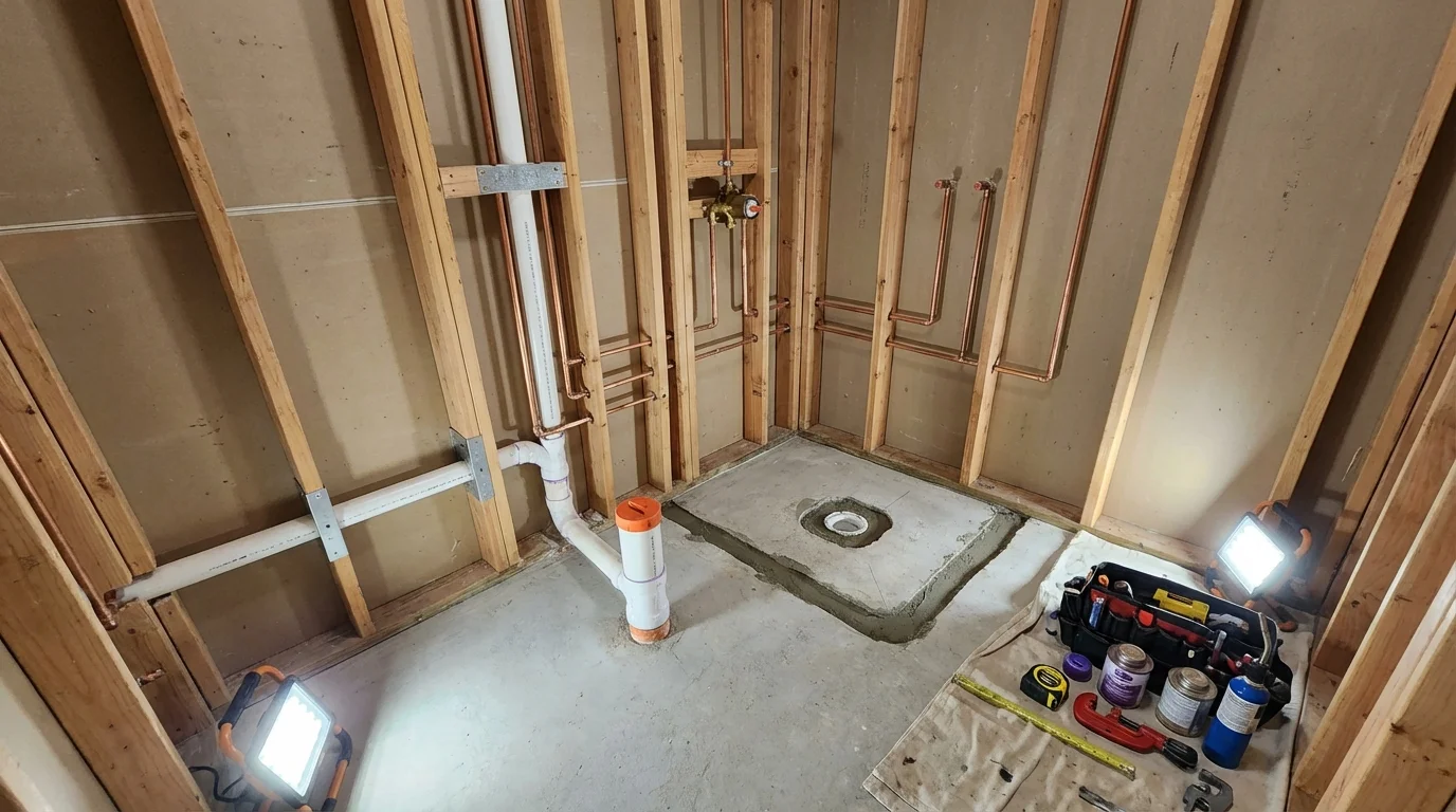 Bathroom rough-in plumbing during remodel by Johns Plumbing LLC in Metlakatla