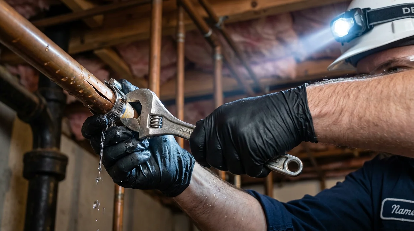 Emergency pipe clamp repair being performed by a Johns Plumbing LLC plumber in Metlakatla