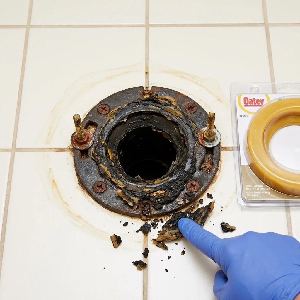 Failed wax ring showing water seepage at the base of a toilet in a Metlakatla, AK home