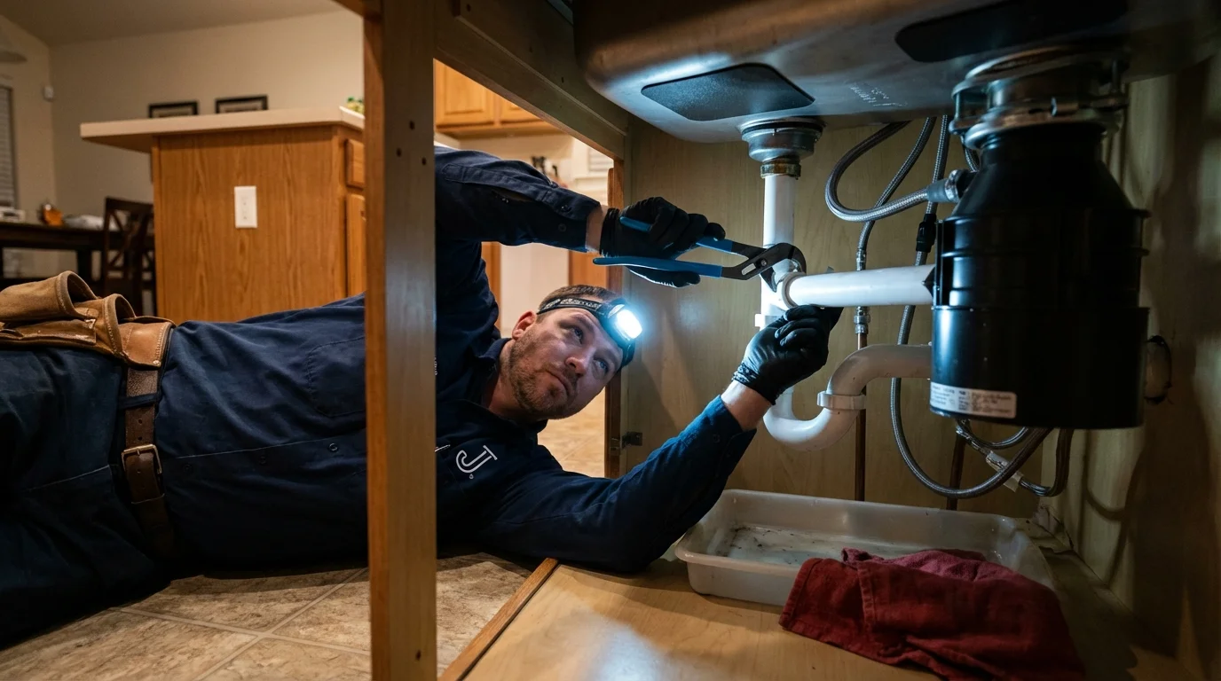 P-trap and supply line connections under a kitchen sink showing a common leak point in Metlakatla, AK